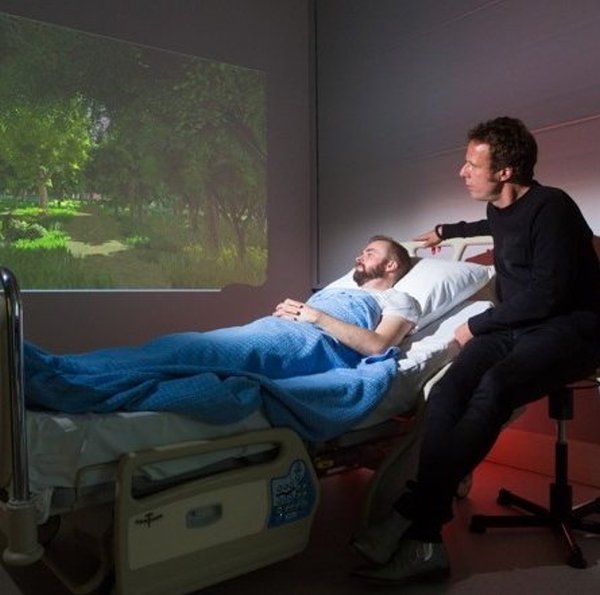 Virtual Nature being used in a hospital setting with a patient.