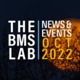 Newsletter banner with News and events October 2022 on a black bachground with a cricle full of fall leaves.